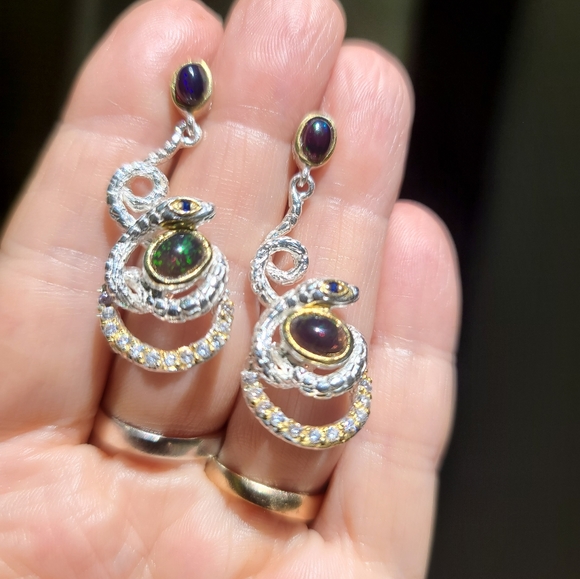 Black Opal sapphire &Topaz Sterling &Gold serpent 🐍 earrings - Picture 4 of 9